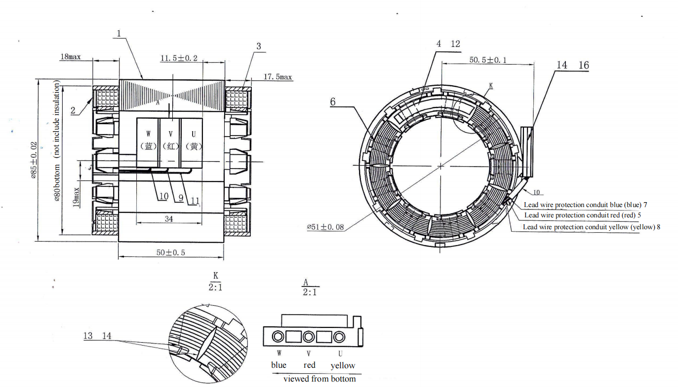 85mm J85O.D. concentrated winding stator drawing
